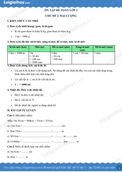 Bài tập Các bài toán về đại lượng - Toán 3